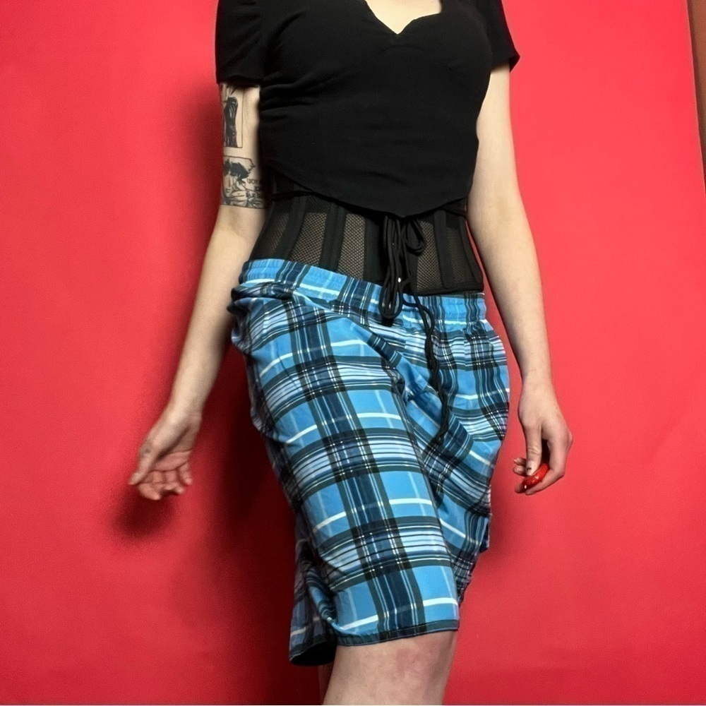 Blue and black plaid swim trunks 💙🖤